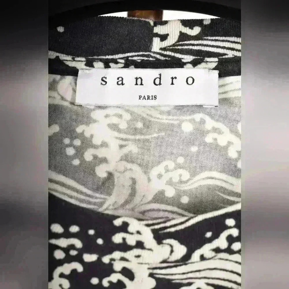 SANDRO Navy  Blue White Hokusai Wave Pattern Cotton Crewneck Tee Small Portugal - Picture 2 of 6